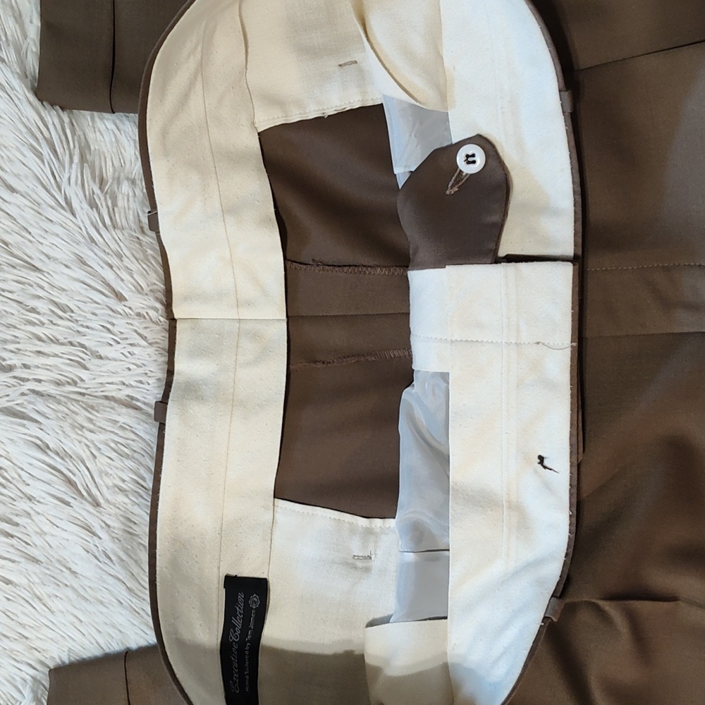 Tom James Mens Bespoke Custom Tailored Dress Pants Brown Pleated Cuffed 42x32 - Picture 11 of 14